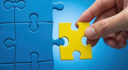 A hand placing a yellow jigsaw piece into a blue puzzle, symbolizing completion and problem-solving on a gradient