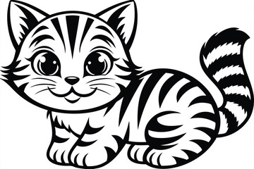 Cute Striped Kitten Cartoon with Big Eyes and Tail on White Background