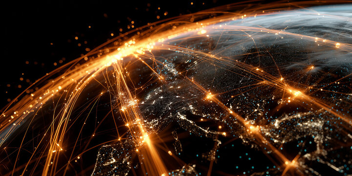Geopolitical sanctions impact on global connectivity earth view digital illustration nighttime environment satellite perspective