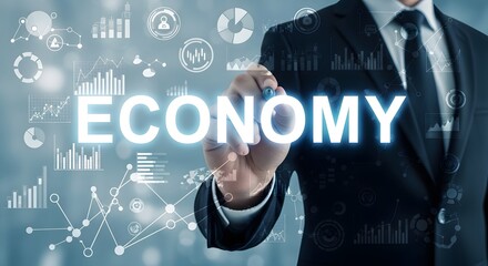 Businessman interacting with glowing digital economy data and charts