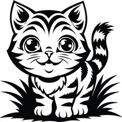 Cute Black and White Cartoon Kitten Silhouette on White Background