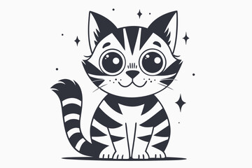 Charming Cartoon Cat with Stripes Sitting on White Background Art