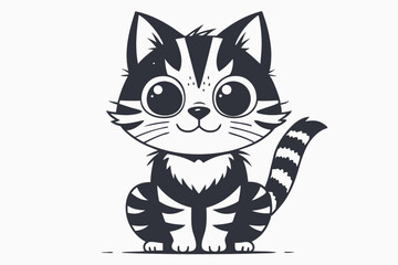 Charming Cartoon Cat with Big Eyes and Striped Tail on White Background Design