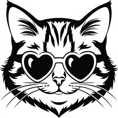 Cat Head with Heart Sunglasses Detailed Black and White Design