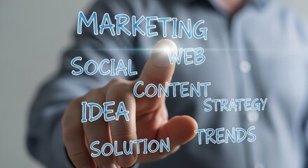 Digital marketing strategy concepts presented by a finger touching a futuristic display