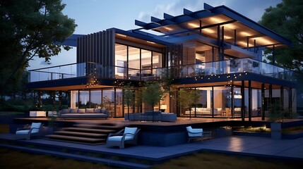 Fototapeta premium Digital architectural visualization of a stacked contemporary home with wood rooftop terrace and full glass facade, rendered over a dark blue schematic blueprint surface.