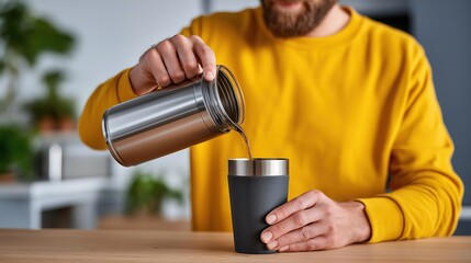 Man pouring hot drink into a thermos cup at home