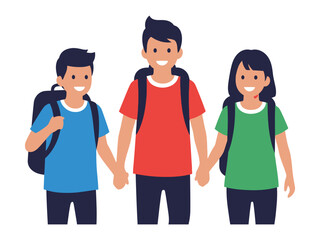 School Journey: Capturing the spirit of youth and the camaraderie of friendship, this illustration showcases three cheerful school children, holding hands, ready to embark on a new adventure.