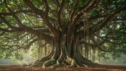 Majestic ancient banyan tree with sprawling roots and canopy, bathed in soft morning light.