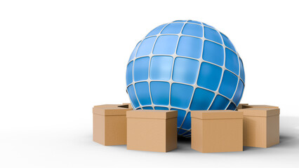 Cardboard or parcel boxes stacked around the earth globe with copyspace on an isolated background. Delivery, logistics, transport and online shopping concept. Global shipping.
