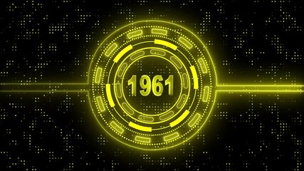 1961 text with screen effects of technological failures. Concept of counting years.  Abstract Futuristic Technology Background..