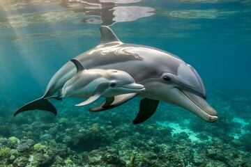 Fototapeta premium Mother dolphin and calf swimming together in clear blue ocean water