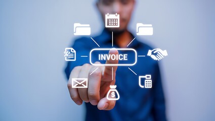 Person touching digital invoice diagram with icons business finance