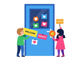 Welcome and Greetings: Two cheerful youngsters stand near a vivid blue door, warmly welcoming new friends with open arms, decorated with vibrant symbols, creating a friendly, inviting atmosphere.