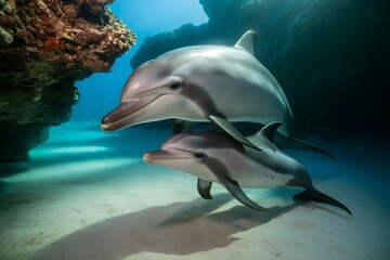 Fototapeta premium Two playful dolphins swim together in clear blue ocean water near coral reef