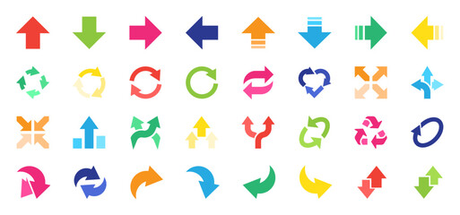 Colorful arrows big icons collection. Arrow symbol. Direction, cursor, pointer sign. Modern design decorative elements for apps, interface, business and project. Flat design. Vector illustration.