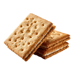 Fototapeta premium Stack of three golden brown graham cracker sandwiches with white cream filling on a black background, Isolated On White, Png Transparent, Cut Out