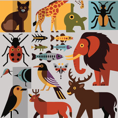 Naklejka premium Diverse collection of stylized animals and insects in a grid layout