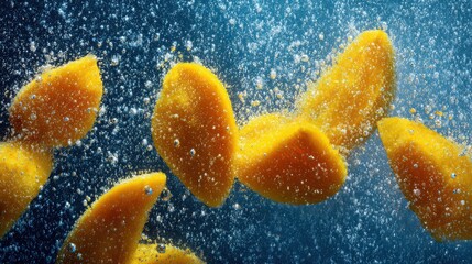 Close-up of yellow potato chips falling into water creating splash and bubbles with vibrant blue background