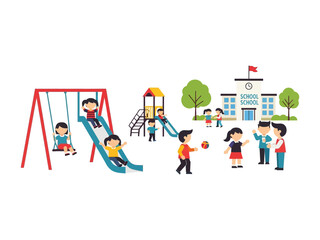 Playtime in School Playground: An illustration of a vibrant school playground, filled with excited children enjoying various activities, emphasizing the joy of outdoor play and community building. 