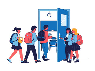 Obraz premium School Day Departure: Illustration of students, each with a backpack, exiting a school classroom in a flat design, ready to commence their learning journey.