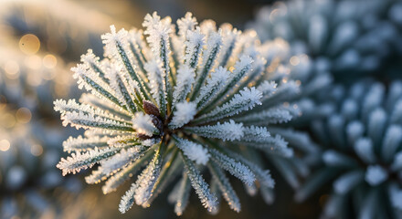 Frost-Kissed Fir: A Winter's Tale in Emerald and Ice, Radiating Soft Golden Light Across Delicate, Frozen Needles (121 characters)