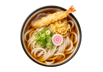 Delicious bowl of Japanese udon noodles with tempura and garnishes in a traditional presentation
