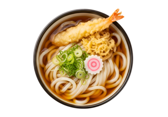 Delicious bowl of Japanese udon noodles with tempura and garnishes in a traditional presentation