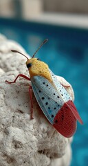 Close-up of a colorful insect on a rock, near a pool