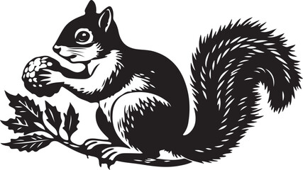 A cute wild animal sketch of a squirrel with a nut on a tree