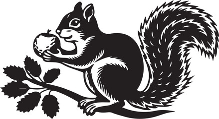 Cute animal vector drawing of a squirrel with a nut and a cat on a tree