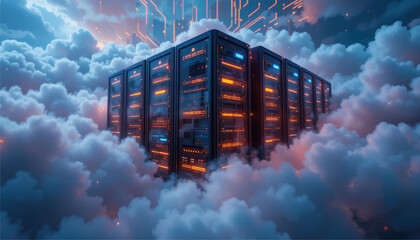 Cloud server cluster with glowing lines.