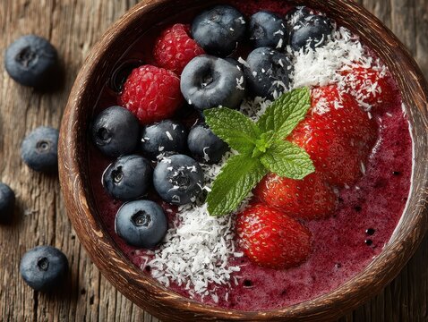 Fresh mixed berry smoothie bowl with blueberries strawberries raspberries coconut shredded mint leaf on rustic wooden table