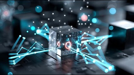 Qubit quantum computing. A futuristic digital cube emitting blue and red light on a circuit board. - Powered by Adobe