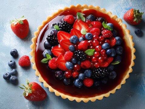 Fresh mixed berry tart with strawberries blueberries blackberries raspberries red currants and mint leaves on a light blue surface