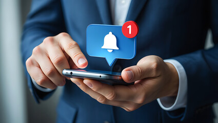 Person using smartphone with notification icon bell alert