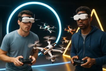 Two men flying FPV drones using VR headsets indoors with neon light circles and triangles on a futuristic background. Ai generative. Ai generative