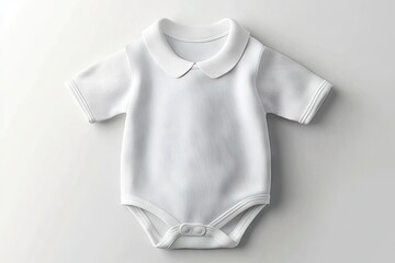 White baby bodysuit, short sleeves, collared,  simple design,  flat lay