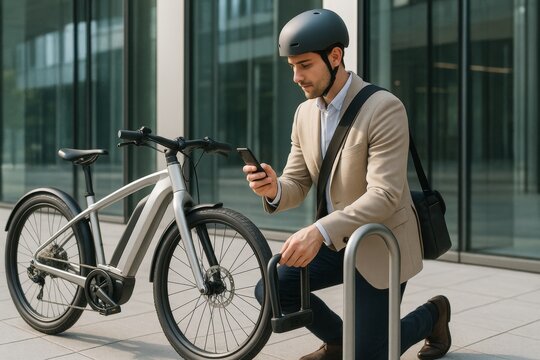 Businessman locking modern electric bike while using smartphone near office building in daylight urban background. Ai generative. Ai generative