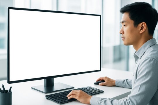 Man working at desk with large blank monitor screen in modern office environment, perfect for mockup or branding presentation purposes. Ai generative