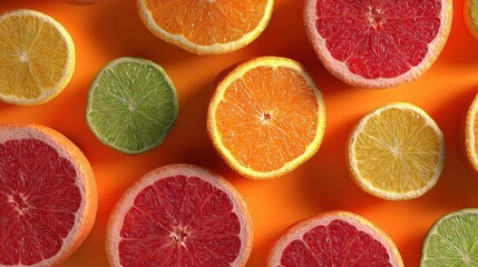 Assorted citrus fruits slices including lemon lime orange grapefruit and blood orange on bright orange background