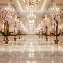 Opulent ballroom interior featuring chandeliers, floral decorations, and glossy marble aisle for luxury wedding event
