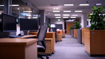 Modern office interior with empty workstations and greenery