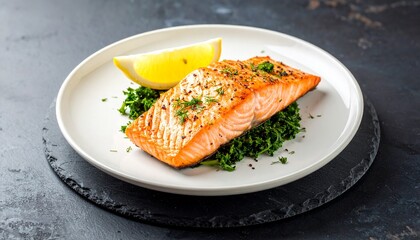 Grilled Salmon Fillet with Lemon and Greens on White Plate