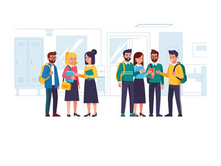 Gathering in University Corridor: A vibrant illustration showcases students socializing and engaging in various activities within a university corridor.