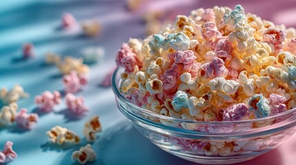 Colorful fluffy popcorn in a glass bowl with scattered pieces on a blue background for snack time fun