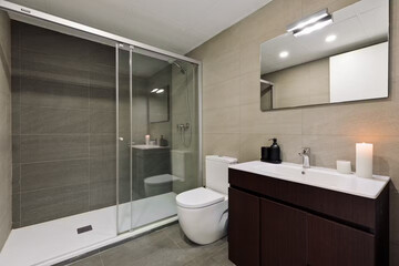 Modern bathroom interior in minimal scandinavian style, 3d render