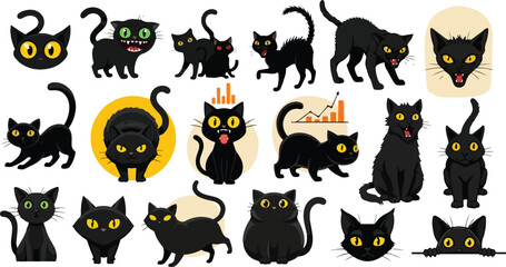 Cute Black Cat Cartoon Set with Funny Expressions and Poses on White Background
