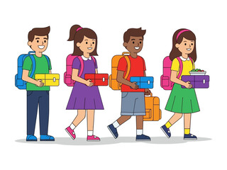 School Day Parade: A cheerful illustration shows a diverse group of students, each carrying a lunchbox and backpack, walking together as they embark on their school journey.