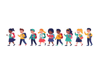 Fototapeta premium School Children Walking: A diverse group of elementary school children, each carrying a backpack, stroll together, embodying the spirit of learning, exploration, and the joy of education. 